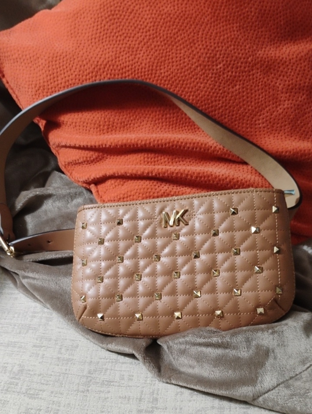 Micheal Kors Tan Quilted And Gold Stud Belt Bag